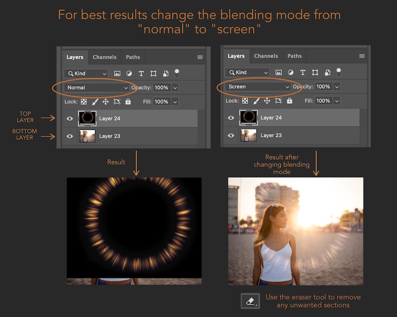 May include: A screenshot of a computer screen showing a tutorial on how to use the "screen" blending mode in Adobe Photoshop. The image shows two layers, one with a glowing circle and the other with a photo of a woman standing on a beach. The tutorial explains that changing the blending mode from "normal" to "screen" can create a more realistic effect.