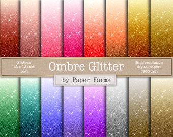 Ombre glitter digital paper, Ombre digital paper, rainbow ombre, gold, silver, scrapbook paper, backgrounds, commercial use, download