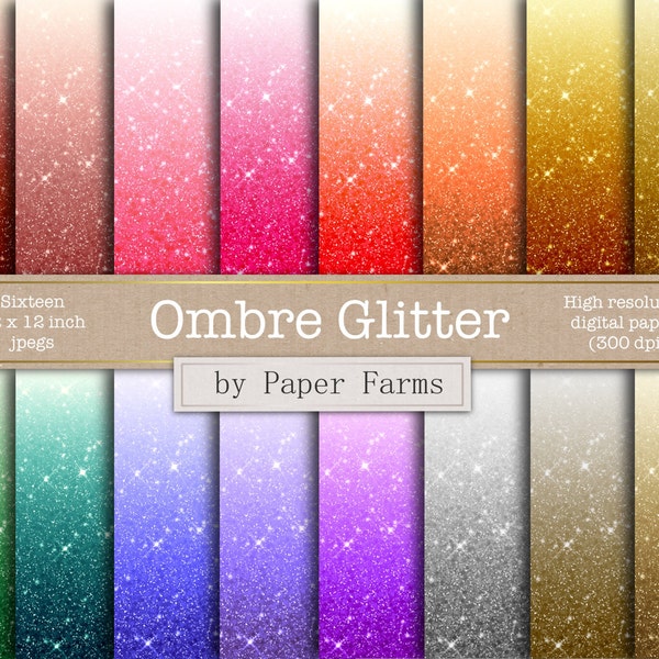 Ombre glitter digital paper, Ombre digital paper, rainbow ombre, gold, silver, scrapbook paper, backgrounds, commercial use, download