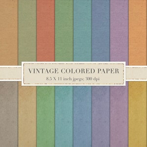 May include: A set of 12 vintage colored paper textures in various shades of brown, green, blue, and purple. Each paper texture is 8.5 x 11 inches and 300 dpi.