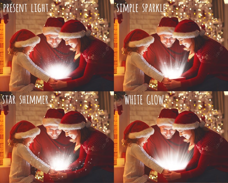 May include: A family of three wearing Santa hats opens a gift box with a bright, glowing light emanating from inside. The box is surrounded by Christmas lights and a decorated Christmas tree.