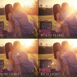 May include: A couple kissing on a picnic blanket in a field with a sunset in the background. The image shows four different versions of the same photo with different light effects: before, bokeh flare, rainbow light, and rich light.