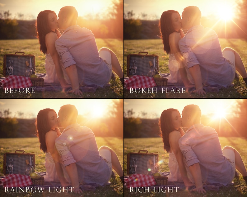 May include: A couple kissing on a picnic blanket in a field with a sunset in the background. The image shows four different versions of the same photo with different light effects: before, bokeh flare, rainbow light, and rich light.