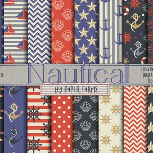 Náutico, marítimo, papel digital, papel de álbum de recortes, azul marino, rojo, concha, barco, mar, niños, fondo, patrones, marinero, DESCARGA INSTANTE