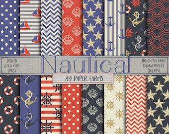 Nautical, maritime, digital paper, scrapbook paper, navy, red, shell, boat, sea, kids, background, patterns, sailor, INSTANT DOWNLOAD