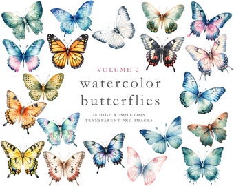 May include: A collection of 20 watercolor butterfly illustrations in various colors and poses. The butterflies are arranged in a circular pattern with the text "VOLUME 2 watercolor butterflies 20 HIGH RESOLUTION TRANSPARENT PNG IMAGES" in the center.