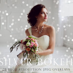 May include: A bride in a white wedding dress holds a bouquet of pink and white flowers. The background is a white wall with silver bokeh lights.