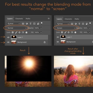 Puede incluir: Una comparaci&oacute;n de dos im&aacute;genes que muestran la diferencia entre los modos de fusi&oacute;n "Normal" y "Pantalla" en Photoshop. La imagen superior muestra un sol brillante con un efecto de estrella, mientras que la imagen inferior muestra a una mujer de pie en un campo con el sol detr&aacute;s de ella. El modo de fusi&oacute;n "Pantalla" crea un efecto m&aacute;s natural y realista.