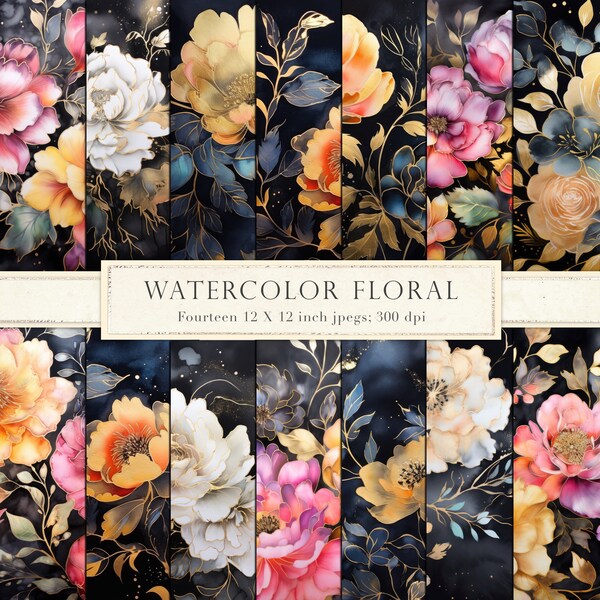 Dark watercolor flowers, digital paper, gold edges, gold foil, floral, scrapbook paper, watercolor flower bouquet, pink, DIGITAL DOWNLOAD