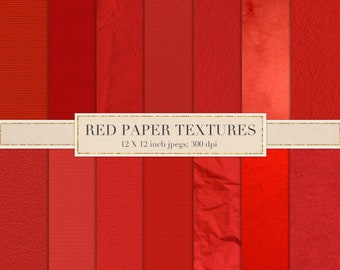 May include: A set of 12 red paper textures, each with a different pattern or texture. The textures are 12 x 12 inches and 300 dpi.
