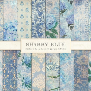 Blue shabby chic, blue ephemera, blue vintage, digital paper, scrapbook paper, junk journal, blue rose, damasco, distressed, floral, DOWNLOAD
