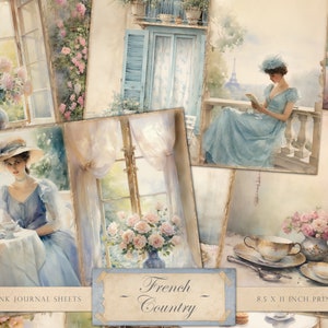 French junk journal pages, romantic, Parisienne, country, afternoon tea, victorian woman, sheet, 8.5 x 11, printable, digital junk journal
