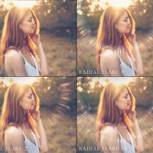 May include: A comparison of four images showing a woman in a white tank top and long brown hair. The first image is the original, the second image has a radial flare effect added, the third image has a different radial flare effect added, and the fourth image has a different radial flare effect added.