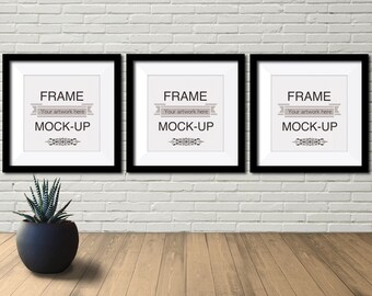 Three panel mockup, 3 frame mockup, 3, three, poster, artwork, mockup, brick wall, plant, black frames, 3 black frames, mockup, DOWNLOAD