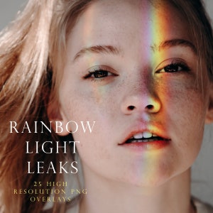 May include: A close-up of a person's face with a rainbow light leak shining through their hair. The text "RAINBOW LIGHT LEAKS" and "25 HIGH RESOLUTION PNG OVERLAYS" is visible in the image.