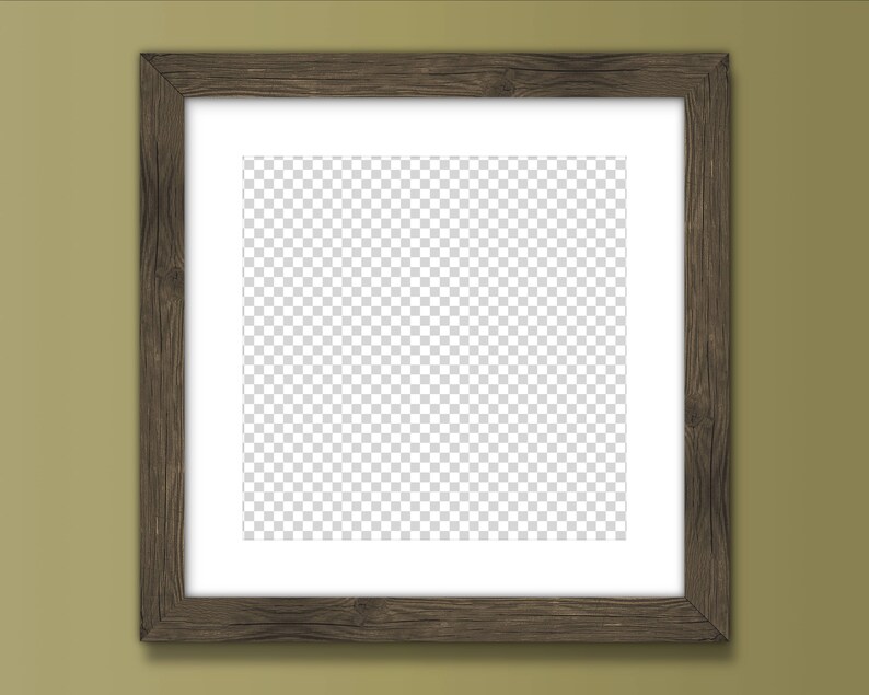 May include: A brown wooden picture frame with a white mount and a clear, transparent background. The frame is on a green wall.