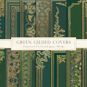 Vintage groene boekomslag, afdrukbare boekomslagen, goud vergulden, verguld, middeleeuws, groen leer, digitale boekomslag, kortstondig, oud, DOWNLOAD
