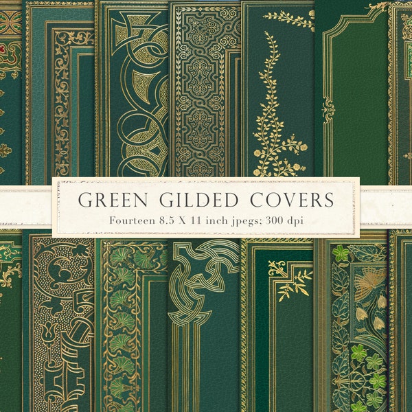 Portada de libro verde vintage, portadas de libros imprimibles, dorado, dorado, medieval, cuero verde, portada de libro digital, efímero, envejecido, DESCARGAR