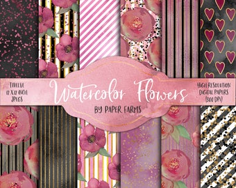 Watercolor flowers digital paper, watercolor, floral, valentine's, scrapbook paper, watercolor flower, pink, gold, background, digital paper