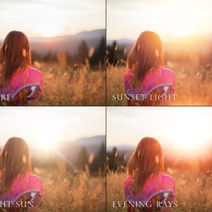 Puede incluir: Una mujer con el pelo largo y casta&ntilde;o se sienta en un campo de hierba alta, mirando una puesta de sol. La imagen muestra cuatro versiones diferentes de la misma foto, con diferentes niveles de brillo y efectos de luz. La primera imagen est&aacute; etiquetada como "Antes", la segunda como "Luz de puesta de sol", la tercera como "Sol brillante" y la cuarta como "Rayos de la tarde".