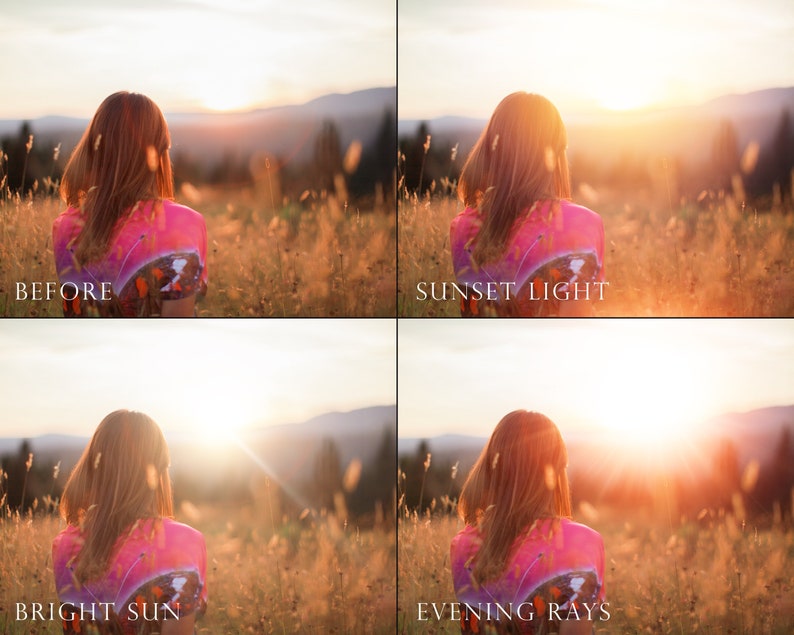 Puede incluir: Una mujer con el pelo largo y casta&ntilde;o se sienta en un campo de hierba alta, mirando una puesta de sol. La imagen muestra cuatro versiones diferentes de la misma foto, con diferentes niveles de brillo y efectos de luz. La primera imagen est&aacute; etiquetada como "Antes", la segunda como "Luz de puesta de sol", la tercera como "Sol brillante" y la cuarta como "Rayos de la tarde".