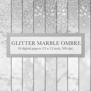 May include: Ten digital papers featuring a gradient of silver glitter and white marble. Each paper is 12 inches by 12 inches and 300 dpi.