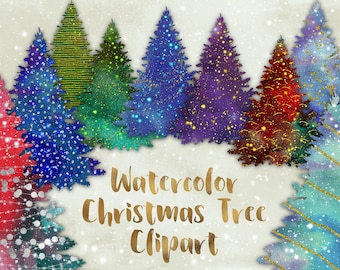 Christmas tree clipart, watercolor Christmas trees, glitter Christmas trees, winter clipart, Christmas lights, xmas, card-making, invitation