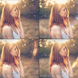 May include: A comparison of four images showing the same woman in a white tank top and brown hair. The first image is the original, the second image has a radial flare effect added, the third image has a different radial flare effect added, and the fourth image has a different radial flare effect added.