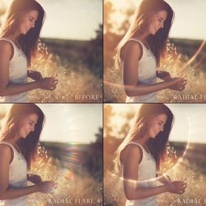 May include: A woman in a white tank top smiles as she holds a bouquet of dried flowers. The image shows four variations of the same photo with different light effects, including a radial flare.