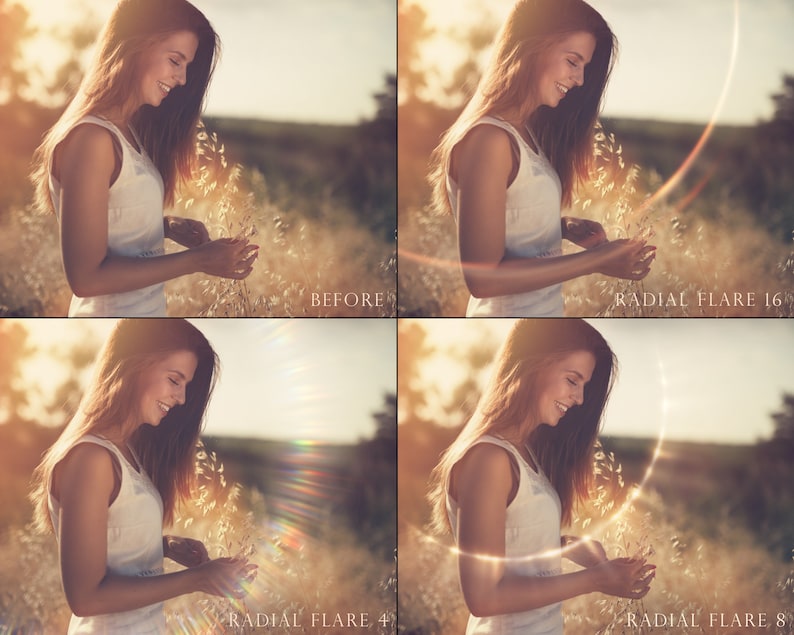 May include: A woman in a white tank top smiles as she holds a bouquet of dried flowers. The image shows four variations of the same photo with different light effects, including a radial flare.