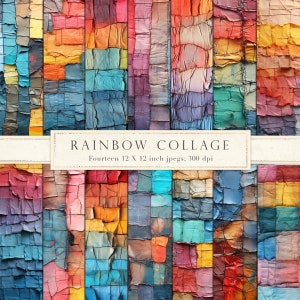 May include: A digital collage of 14 colorful, abstract, textured squares. Each square is 12 inches by 12 inches and has a different color and texture. The colors are red, orange, yellow, green, blue, indigo, and violet. The textures are rough, smooth, and cracked. The collage is titled "Rainbow Collage" and is 300 dpi.