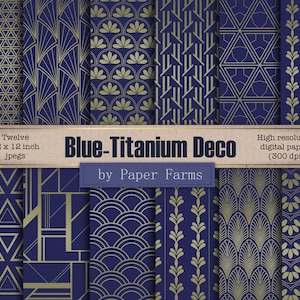 May include: Twelve digital paper patterns in a blue and gold Art Deco style. Each pattern is 12 inches by 12 inches and 300 dpi.