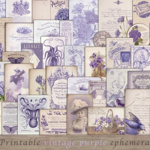 Paarse junk journal kit, paarse ephemera, vintage advertenties, hand-schrijven, afdrukbaar, paarse bloemen, inktvis, muziek, collage vellen, tags, DOWNLOAD