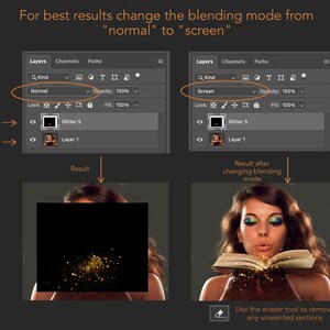 May include: A Photoshop tutorial graphic demonstrating how to change the blending mode from 'normal' to 'screen'. The image shows the effect on a glitter layer. A woman is shown blowing glitter from a book, with the text "Use the eraser tool to remove any unwanted sections."
