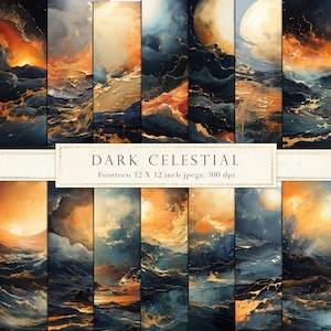 May include: A set of 14 digital paper backgrounds featuring abstract, celestial-themed designs. The papers feature swirling clouds, waves, and moons in shades of blue, gold, and orange. Each paper is 12 inches by 12 inches and 300 dpi.