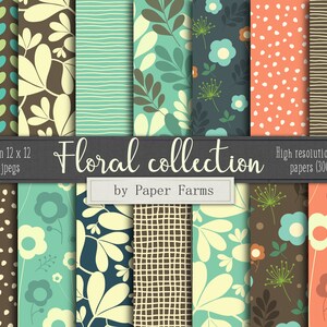 Floral digital paper, flower digital paper, coral, teal, brown, earth tones, flower scrapbook paper, floral scrapbook paper, dots, stripes