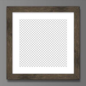 May include: A brown wooden picture frame with a white mount and a clear, transparent background.