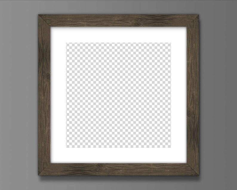 May include: A brown wooden picture frame with a white mount and a clear, transparent background.