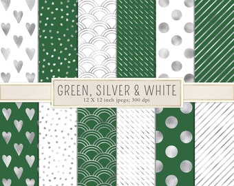 Silver, green, white, Christmas, digital paper, scrapbook paper, silver scrapbook paper, hearts, patterns, silver foil, snow, dots, DOWNLOAD