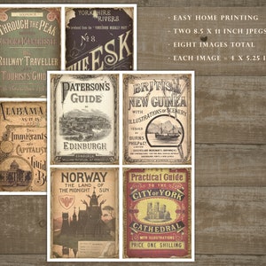 May include: Eight vintage travel guide covers with illustrations. The covers are in various colours, including red, blue, green, and yellow. The titles include "Through the Peak", "The Esk", "Paterson's Guide", "British New Guinea", "Norway", and "The Practical Guide to the City of York Cathedral".