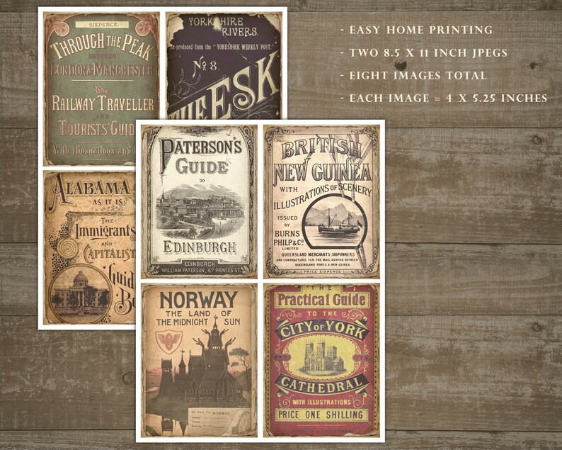 May include: Eight vintage travel guide covers with illustrations. The covers are in various colours, including red, blue, green, and yellow. The titles include "Through the Peak", "The Esk", "Paterson's Guide", "British New Guinea", "Norway", and "The Practical Guide to the City of York Cathedral".
