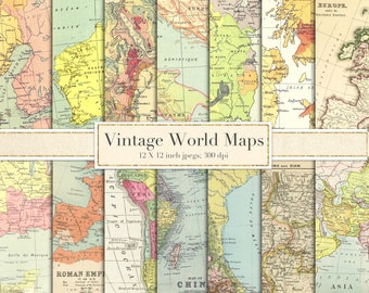 Puede incluir: Un conjunto de 12 mapas del mundo vintage, cada uno con una medida de 30,5 cm por 30,5 cm. Los mapas están impresos en una variedad de colores, incluyendo amarillo, azul, verde y rojo. Los mapas son de estilo vintage, con un aspecto descolorido y una textura ligeramente rugosa. Los mapas son perfectos para scrapbooking, creación de tarjetas y otros proyectos de manualidades.