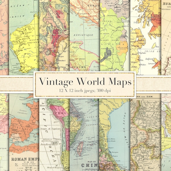 Vintage Weltkarten, Scrapbook Papier, digitales Papier, Hintergründe, antike Karten, Europa, Asien, Afrika, Mexiko, Großbritannien, Irland, Karte, DOWNLOAD