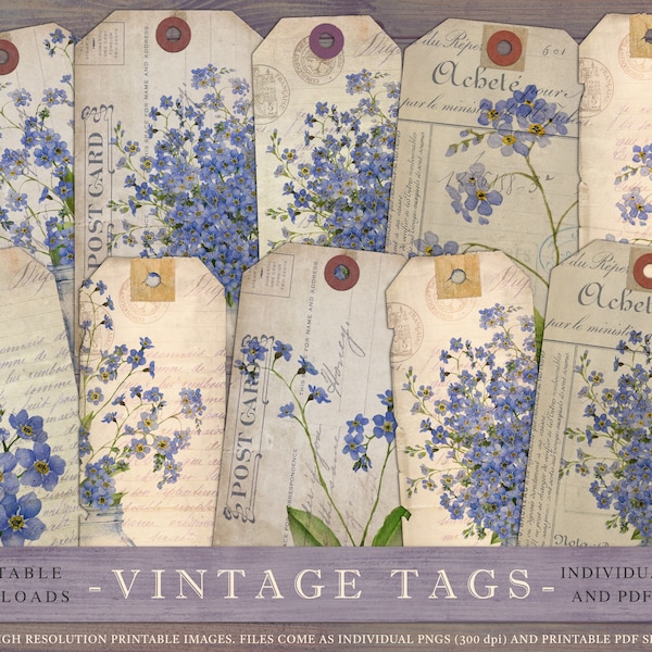 Forget-me-not vintage tags, printable bag tags, printable luggage tags, purple flowers, blue flowers, junk journal, vintage tags, DOWNLOAD