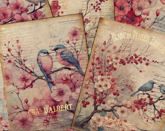 Printable journal pages, cherry blossom, sakura, shabby chinoiserie, digital paper, vintage, junk journal, love birds, 8.5 x 11, DOWNLOAD