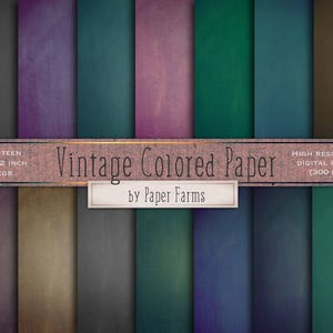 May include: Fourteen 12x12 inch digital paper backgrounds in various shades of green, blue, purple, brown, and gray. The papers have a vintage, textured look.  "Vintage Colored Paper by Paper Farms" and "High Resolution Digital Papers (300 DPI)" are printed on the image.