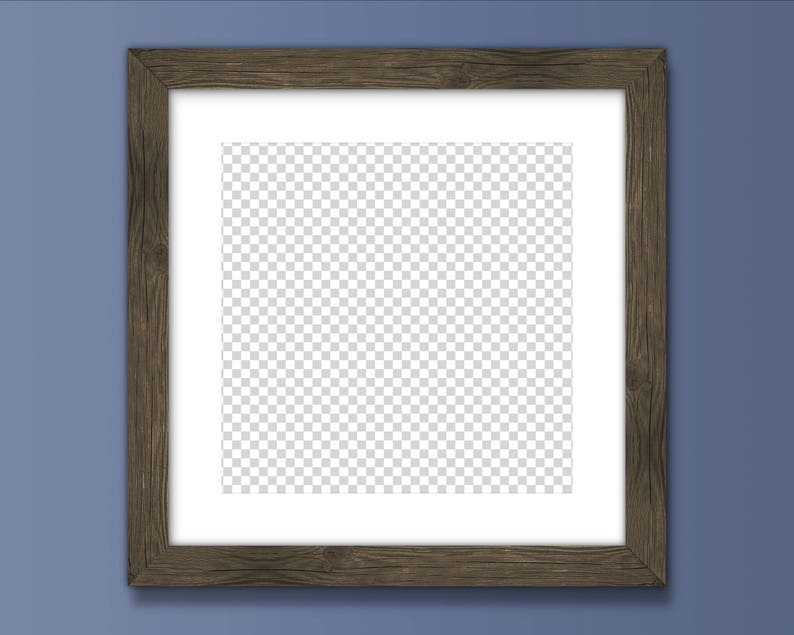 May include: A brown wooden picture frame with a white mount and a clear, transparent background. The frame is on a blue wall.