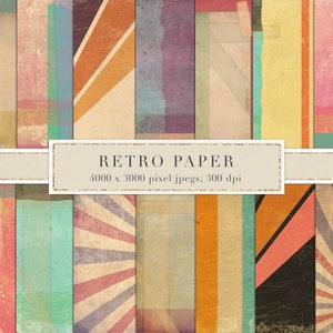May include: A set of 12 digital paper textures in retro colors and patterns. The papers feature geometric shapes, stripes, and sunburst designs. The papers are 4000 x 3000 pixels and 300 dpi.