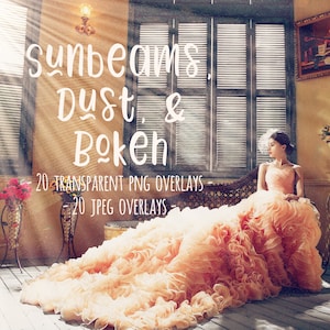 May include: A woman in a peach-colored gown sits on a vintage bench. The image features the text "Sunbeams, Dust, & Bokeh" and details about transparent PNG and JPEG overlays. The scene is bathed in sunlight.