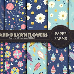 Hand-drawn floral digital paper, spring digital paper, flower digital paper, flower scrapbook paper, digital scrapbooking, instant download